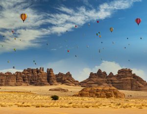 Outcrops,At,Mada'in,Saleh,Archaeological,Site,During,The,Tantora,Balloon