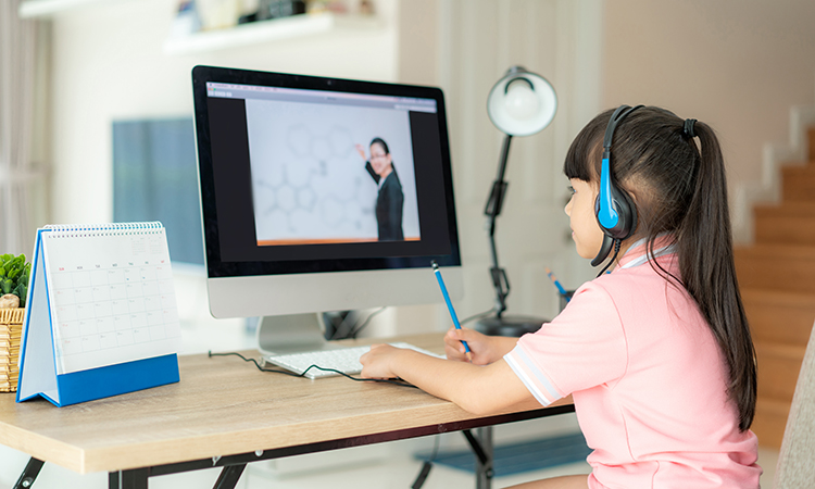 Asian,Girl,Student,Video,Conference,E-learning,With,Teacher,On,Computer