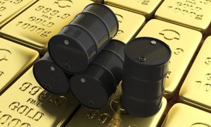 Black,Oil,Barrels,On,Gold,Bullions,Background.,3d,Illustration