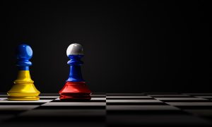 Ukraine,Flag,And,Russia,Flag,On,Chess,On,Chess,Board