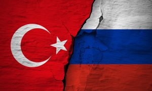 Conflict,Between,Countries.,Turkey,And,Russian,Federation,Flags,On,The