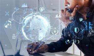 Young,Businessman,In,Office,Room,With,Laptop,,Double,Exposure,With