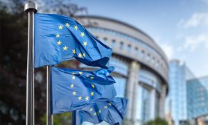 European,Union,Flag,Against,Parliament,In,Brussels,,Belgium