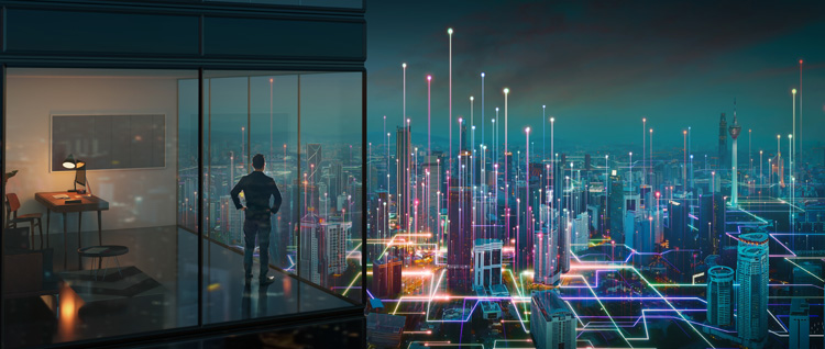 Businessman,Standing,At,Office,With,Abstract,Line,And,Dot,Connect