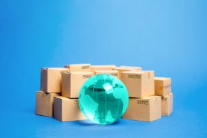 Earth,Globe,Is,Surrounded,By,Boxes.,Global,Business,And,International