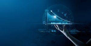 Businessman holding digital tablet with data growth graph and pr