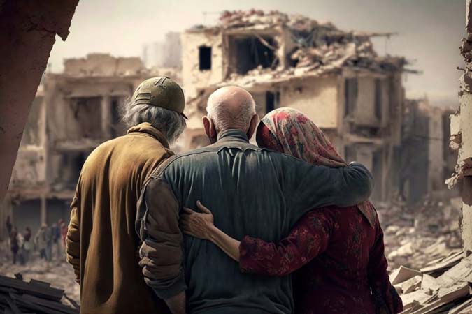 Unhappy people look at the destroyed house after the earthquake disaster. Despair and tragedy. Generative AI