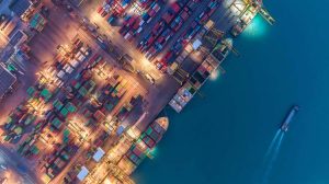 Container ship in export and import business and logistics. Ship