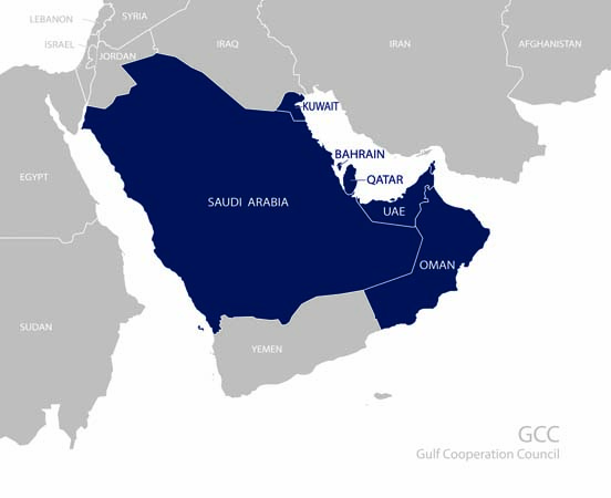 Map of the Gulf Cooperation Council (GCC)'s members. Vector