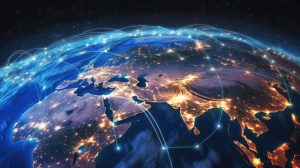 Planet Earth at night from space showing Asia, Europe, Northern