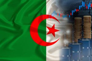 National,Flag,Of,Algeria,On,Silk,,Barrels,Of,Oil,,Metal