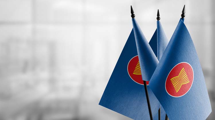 Small,Flags,Of,The,Asean,On,An,Abstract,Blurry,Background.