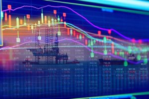 Stock market concept with oil rig in the gulf and oil refinery i