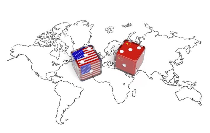 Negotiation dice USA and China (political concept)