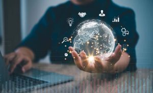 Businessman holding virtual Global Internet connection metaverse. Business global internet connection application technology and digital marketing.Financial and banking, Digital link tech