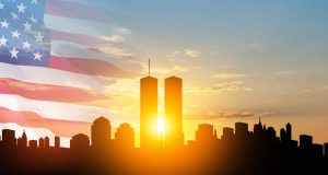 New,York,Skyline,Silhouette,With,Twin,Towers,And,Usa,Flag