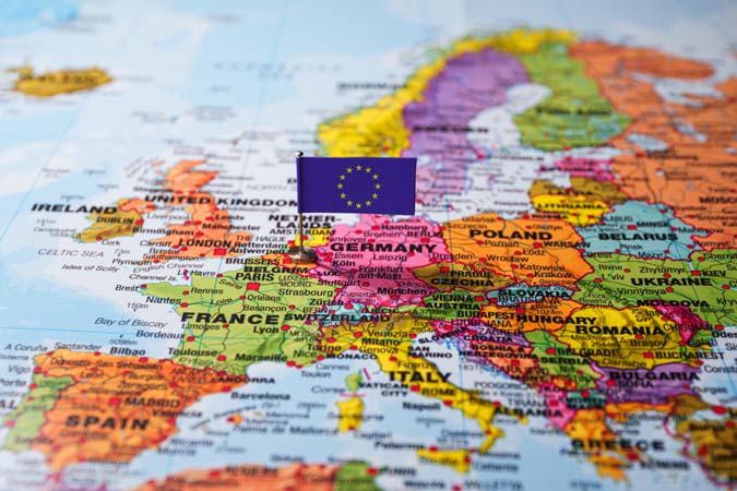 European,Union,Flag,On,European,Continent,On,Geopolitical,World,Map.