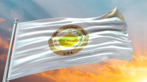 Arab,Maghreb,Union,Flag,Waving,With,Texture,In,Sky,And