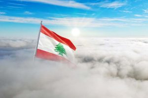 Lebanon,Flag,Aerial,View,In,Beautiful,Sky,With,Clouds.,Top-down