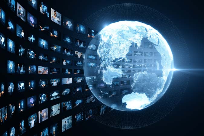 Creative,Glowing,Polygonal,Globe,With,Rows,Of,Images,On,Dark