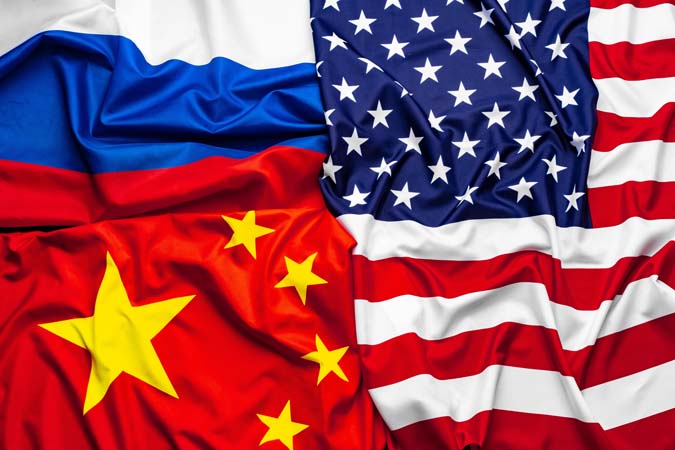 China,,Usa,And,Russia,National,Flags,Top,View