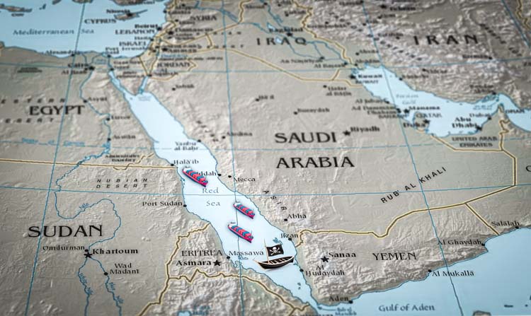 The,Red,Sea,Region,With,Cargo,And,Pirate,Ships.,Suitable