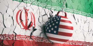 Us,Of,America,And,Iran,Relations.,Usa,Flag,Wrecking,Ball