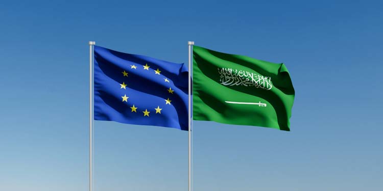 Wavy,European,Union,And,Saudi,Arabia,Flags,And,Clear,Blue