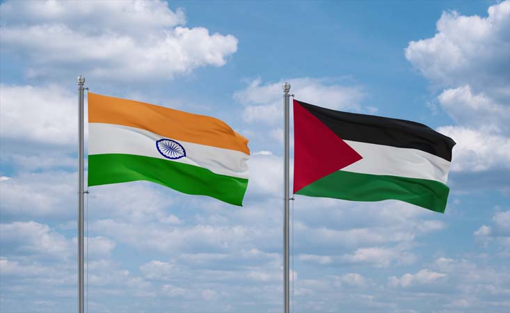 Palestine,And,Gaza,Strip,And,India,Flags,Waving,Together,On