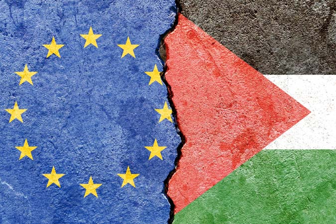 Eu,Vs,Palestine,National,Flags,Icon,On,Broken,Wall,With