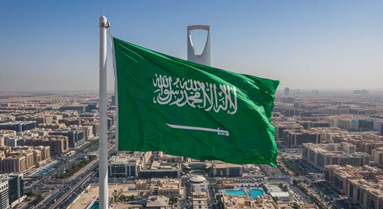 "saudi,Arabian,Flag,Fluttering,Proudly,In,Riyadh,Near,Kingdom,Tower,