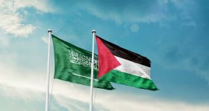 Saudi,Arabia,And,Palestine,Friendship,Flags,Are,Waving,In,The